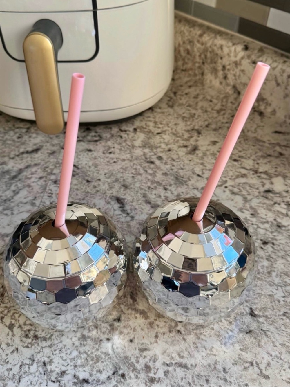 Silver Disco Ball Drink Tumblers with Pink straws